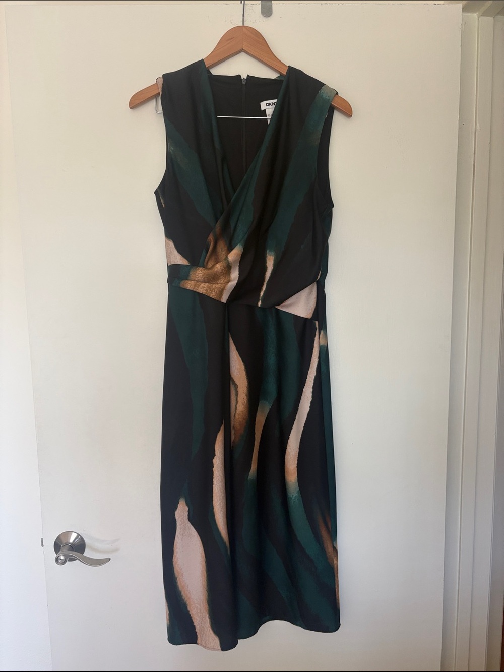 DKNY Sleeveless Surplice Midi Dress in Teal & Black (excellent, size M)